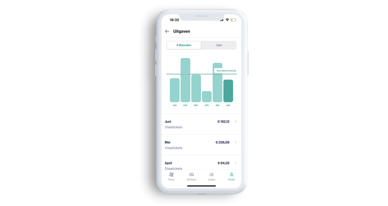 schermafbeelding van de Xtra-app die uitlegt hoe je je uitgaven kan bijhouden. We zien een overzicht van de maandelijkse kosten aan boodschappen.